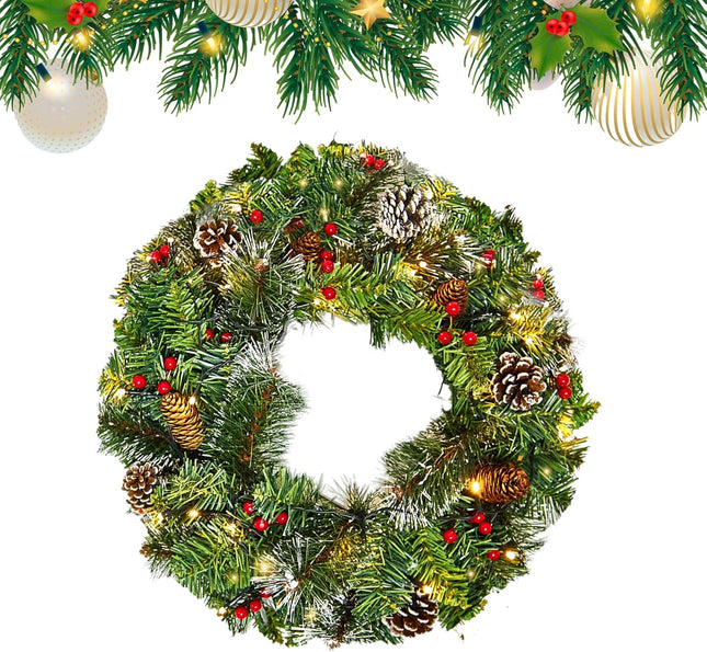 18Inch Christmas Wreath, Artificial Prelit Christmas Wreath with Lights for Door, Battery Operated Lighted Indoor Christmas Wreath