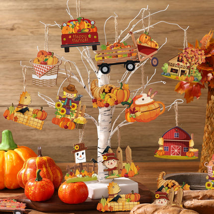 48 Pcs Fall Wooden Tree Ornaments Pumpkin Scarecrow Fall Mix Cutouts Carriage Haystack Thanksgiving Maple Leaves Wooden Decorations Autumn Hanging Signs for Halloween Party Tree