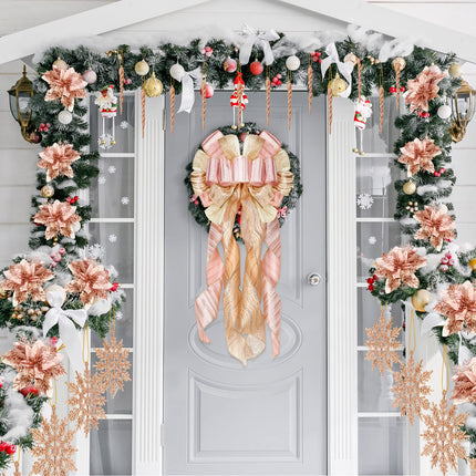 37 Pieces Christmas Rose Gold Tree Ornaments Set, Christmas Decorative Bow Topper 12 Glitter Flowers Decorations 12 Plastic Xmas Snowflake Icicle Ornaments Set for Holiday Party Decoration