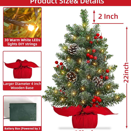 22 Inch Tabletop Christmas Tree with Lights Timer, Snowy Artificial Small Christmas Trees Battery Operated 30 Warm Lights Red Berries Pine Cone Stable Base Mini Tree Xmas Decorations Indoor Holiday