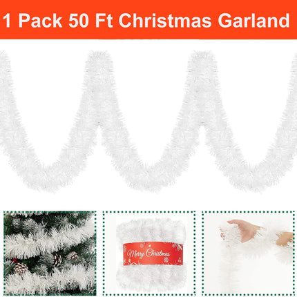 50 Foot Tinsel Garland for Christmas Decorations, Artificial Non-Lit Soft Christmas Garland, White Christmas Garlands Decoration for Indoor, Outdoor, Holiday, Party and Wedding (1 Pack)
