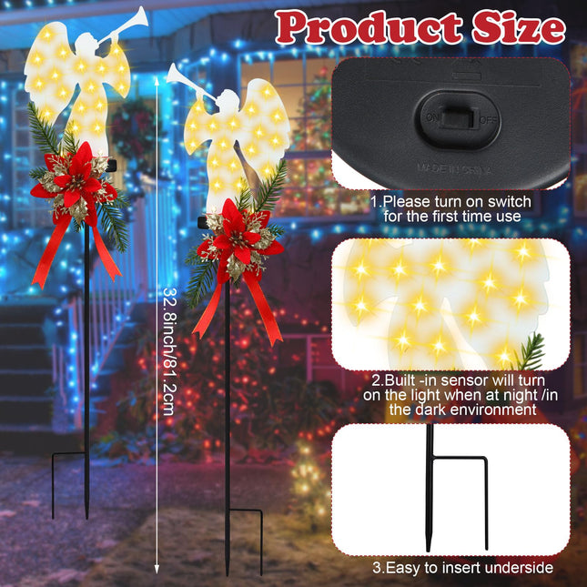 2 Pack Solar Christmas Angel Stake Lights, Solar Powered Led Xmas Angel Metal Stake Lights with Poinsettia, Outdoor Christmas Yard Pathway Lights Decorations for Garden Yard Lawn, 32 Inches