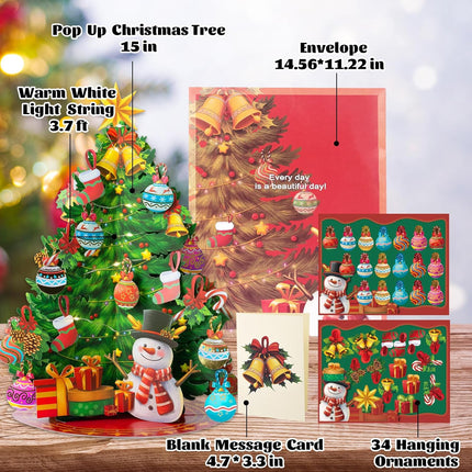 Airpark Pop Up Christmas Tree, Pre-Lit Foldable Paper Xmas Tree with Warm White Lights, Greeting Cards with Blank Note Cards and Envelope, 15 inch 3D Flower Bouquet Cards for Holiday Decorations