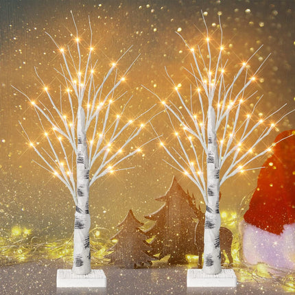 Remon 2FT Birch Tree Light with 36 LEDs Tabletop Lamp with Timer, Lifelike Artificial Hand Drawn Tree for Home Party Wedding Holiday, Jewelry Holder, Battery Operated Small Christmas Tree(2PK)