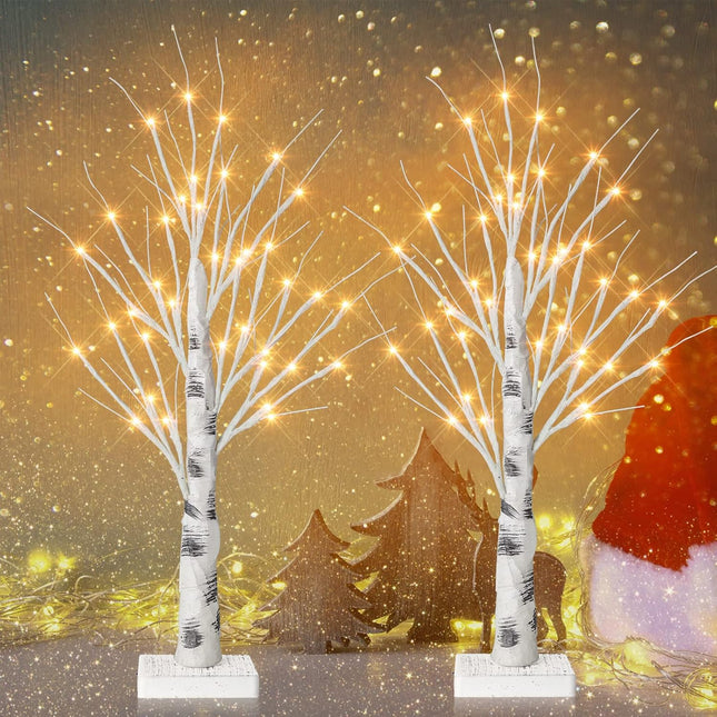 Remon 2FT Birch Tree Light with 36 LEDs Tabletop Lamp with Timer, Lifelike Artificial Hand Drawn Tree for Home Party Wedding Holiday, Jewelry Holder, Battery Operated Small Christmas Tree(2PK)