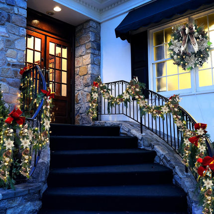 Adeeing 6ft Prelit Christmas Garland with 20 Lights, Xmas Fake Vines with Bows Christmas Balls Flowers Berries Greenery Christmas for Front Door Fireplace Mantel Porch Holiday Decorations