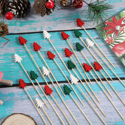 OOTSR Pack of 100 Wooden Christmas Tree Shape Cocktail Picks, Cocktail Picks 5.2 Inch Sandwich Fruit Sticks Pearl Bamboo Toothpicks for Party Appetizer Supplies Decorative