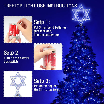 Christmas Tree Star Top Hat Woven Iron Ribbon Blue LED String Lights Battery-Powered Xmas Tree Top Hat Lighting Suitable for Size Christmas Tree Decoration to Celebrate Merry Xmas