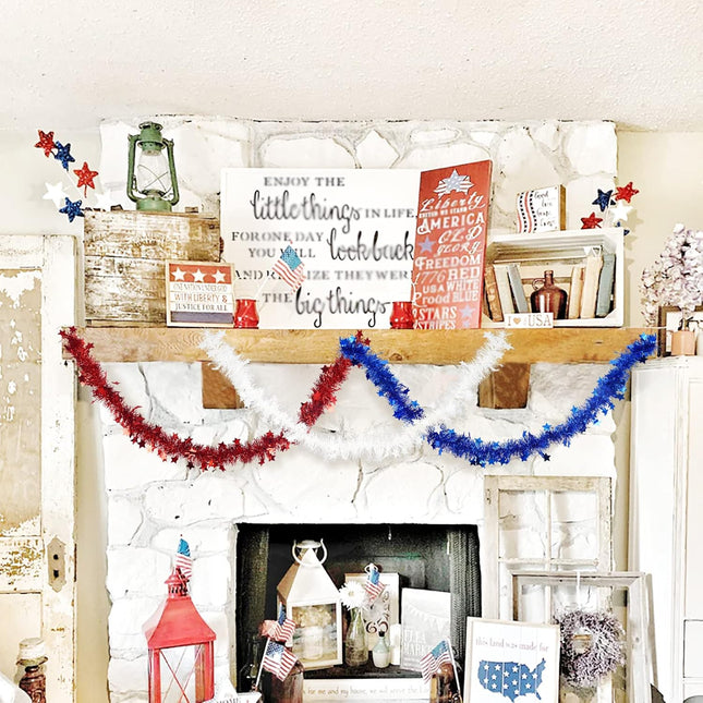 3 Pcs 50 Ft 4th of July Patriotic Garland Tinsel Stars Garland Decorations for Memorial Day 4th of July Outdoor Home Holiday Decor Blue, Red, White