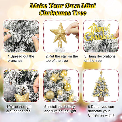 24 Inch Tabletop Mini Christmas Tree, Snow Flocked Prelit Artificial Small Christmas Tree with Lights, Star Treetopper and Hanging Ornaments for DIY Christmas Decorations for Home Party