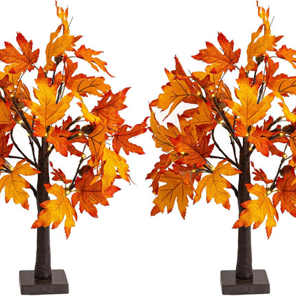 Dazzle Bright 2 Pack 24 Inch Lighted Thanksgiving Fall Maple Tree Decor, 24 LED Battery Operated Decorations Artificial Tree with Timer for Indoor Home Room Holiday Xmas Party