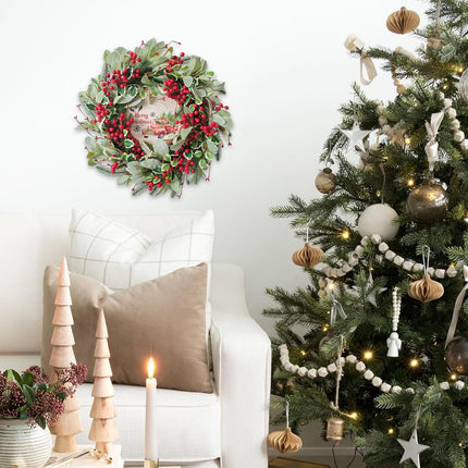 Tempus Artificial Christmas Red Berry Wreath, 20 Inch, Holiday Wreath with Wooden Panel, for Front Door, Outdoor, Indoor, Farmhouse Holiday Party, Winter Decorations