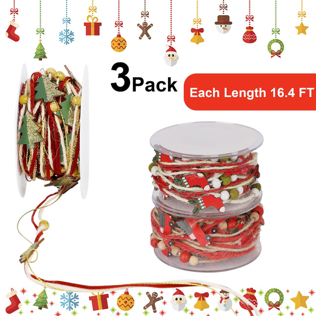 winemana 3 Pack 16.4 FT Christmas Bead Ribbon, Christmas Tree Trim Rope with Stockings & Red Truck, Xmas Decorations for Garland, Wreath, Wrapping, DIY Crafts Ornaments, Wedding Party Decor
