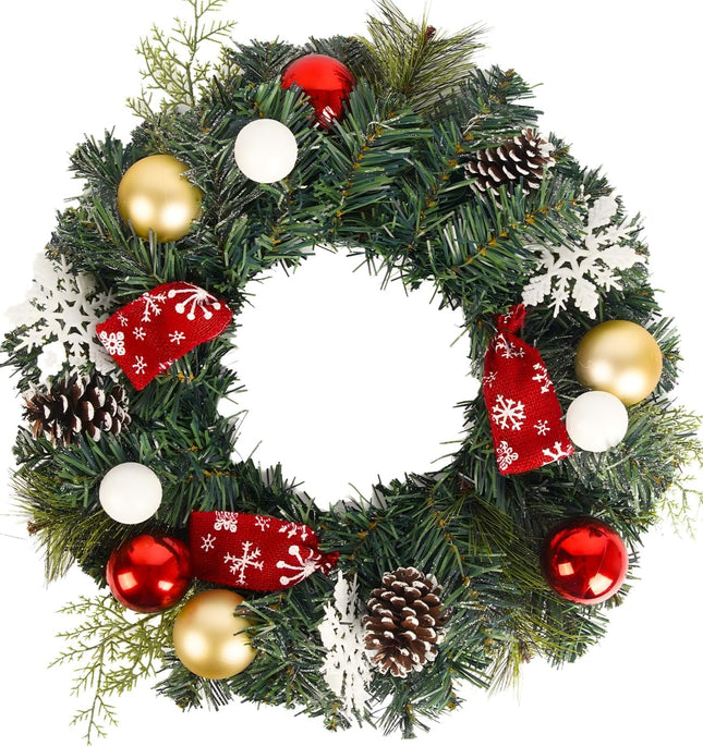 Christmas Wreath 22 Inches Door Wreath, Green,Snowflakes,Decorated with Ball Ornaments,Decorated with Pine Cones