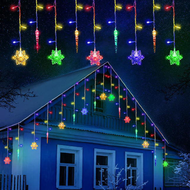 VIHOSE Christmas Snowflake and Icicle Lights Outdoor LED Curtain Light Waterproof Christmas Light Snowflake Drops with Remote Modes for Eaves Windows Garden Yard Indoor Xmas Decor (Colorful,12ft)