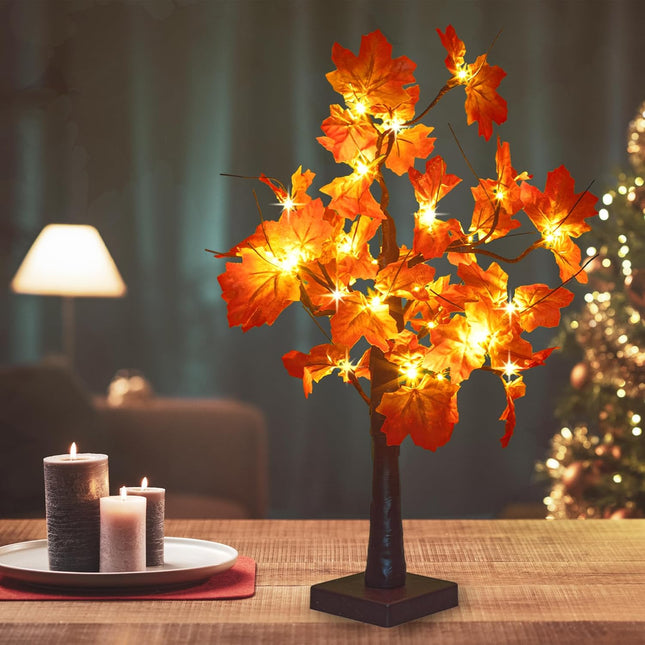24-inch Fall Lighted Maple Tree, 24 LED Lights, USB+Battery Operated Thanksgiving Table Centerpieces Decoration Tree for Home Fireplace Autumn Harvest Tabletop Indoor Decor