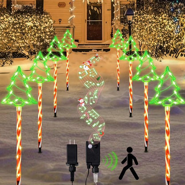 Yinhua 8 Pack Christmas Pathway Lights Outdoor with 4 Christmas Theme Music, Waterproof LED Christmas Tree Candy Lights with Stakes, Christmas Decorations Outdoor for Yard Patio Walkway Garden Decor