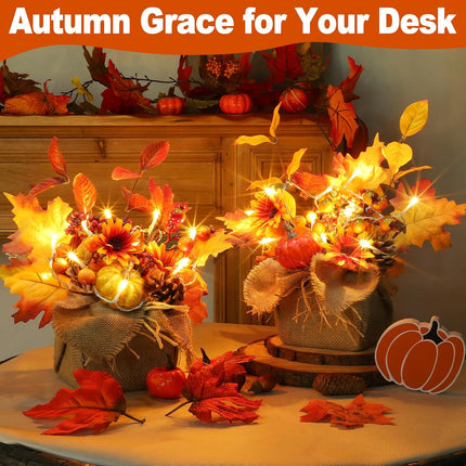 [ 2 Styles & Lighted ] 2 Pack 11 Inch Fall Maple Tree Thanksgiving Decor, Artificial Tabletop Fall Tree with 20 LEDs Battery Powered Fall Leafed Pumpkin Daisy Cones Berry Fall Decorations for Home