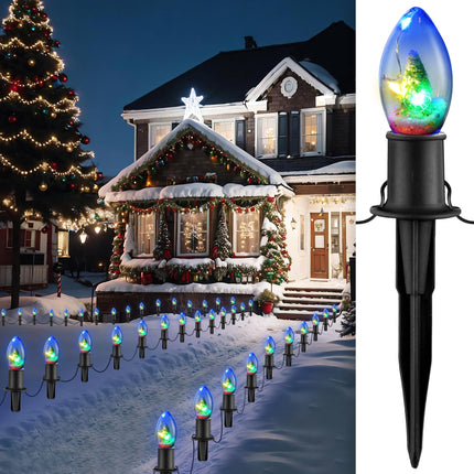 Christmas Pathway Lights Outdoor, 24.2FT 20 C9 LED Christmas String Lights with Stakes, Waterproof Connectable Walkway String Lights for Outside Yard Sidewalk Driveway Christmas Decorations