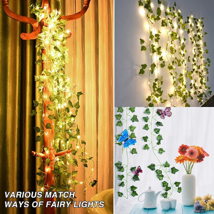 Fielegen 2 Pack/Each 6.56ft 20 LED Ivy String Lights Artificial Ivy Garland with Lights Battery Operated Hanging Fake Ivy Leaves Vine Fairy Lights for Bedroom Wedding Party Holiday Garden Patio Decor