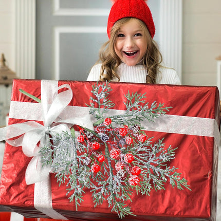 Yinder 12 Pcs Christmas Berries Red Stems 17 Inch Snowy Artificial Frosted Holly Red Berries Cedar Picks Stems Pine Picks Greenery Twig for Garland Wreath DIY Crafts Xmas Winter Holiday Decor