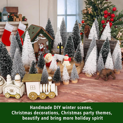 30Pcs Mini Christmas Trees Artificial Christmas Tree Bottle Brush Trees with Wooden Base for Christmas Decor Christmas Party Home Table Craft Decorations(White+Silver+Dark Green)