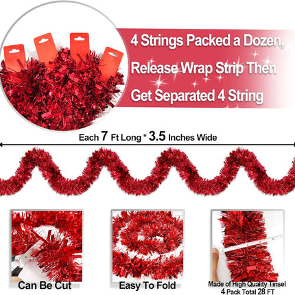 [ 4 String Total 28 Ft ] Valentines Day Red Tinsel Garlands Valentines Red Tree Garland Thick Thin Metallic Streamers Xmas Garland Christmas Decor Home Indoor Outdoor Party Supplies, Each 7Ft by 3.5"