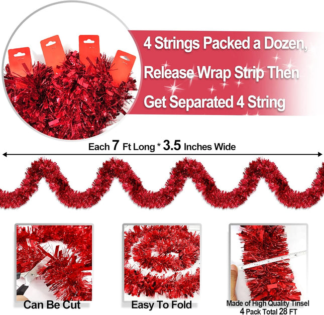 [ 4 String Total 28 Ft ] Valentines Day Red Tinsel Garlands Valentines Red Tree Garland Thick Thin Metallic Streamers Xmas Garland Christmas Decor Home Indoor Outdoor Party Supplies, Each 7Ft by 3.5"