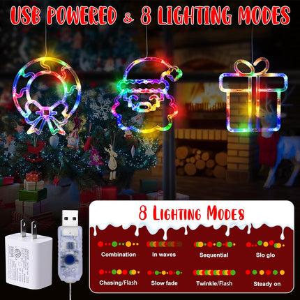 LOLStar Christmas Decorations, 3 Pack Multicoloured Wreath, Box, Santa Claus Christmas Window Lights, 8 Flashing Modes USB Powered Curtain Lights for Year, Indoor, , Party Supplies