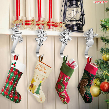 Homgaty Christmas Stocking Holders for Mantle, 4 Pack Christmas Stockings Hooks with Adhesive, Mantle Fireplace Topper Holder Hooks Xmas Stocking Clips Christmas Decorations