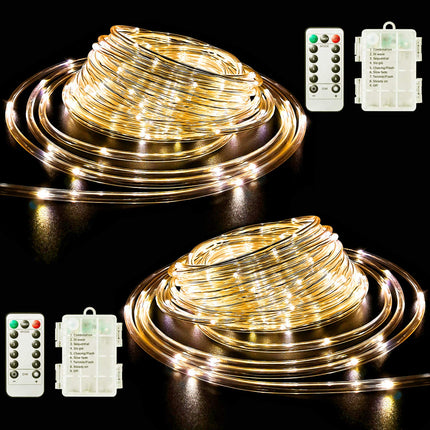 LED Rope Lights Battery Operated String Lights 40Ft 120 LED 8 Modes Outdoor Waterproof Fairy Lights Dimmable/Timer with Remote for Camping Party Halloween Christmas Decoration Warm White 2Pack
