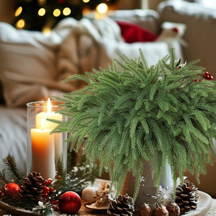 Alynsehom 12PCS Christmas Norfolk Pine Branches, 18in Real Touch Artificial Norfolk Pine Greenery Stems Faux Cedar Pine Needles for Garland Wreath Crafts DIY Indoor Outdoor Home Xmas Decor