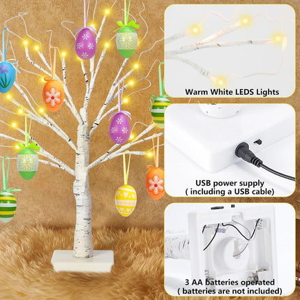 24" Easter Lighted Birch Tree with 12pcs Ornaments,Warm White LEDs Birch Tree Light Tabletop Artificial Tree 8 Lighting Modes USB or Batteries Operated with Timer for Easter Decor