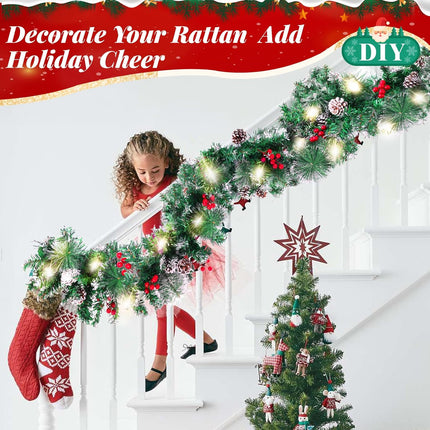 Christmas Garland with Lights, 9FT Artificial Lighted Garland Indoor for Stairs, Fireplace, 50 Lights Green Garland, Pine Cones & Red Berries & Pine Needle