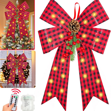 24'' x 14'' Prelit Large Christmas Bows Decorations with 8 Modes Timer Remote, 20 Lights Black Red Buffalo Plaid Xmas Wreath Bow for Christmas Tree Topper Garland Outdoor Indoor Home (Battery Powered)