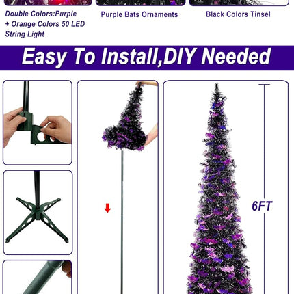 [Remote Control & Timer]6 Ft 60 LED Tinsel Halloween Tree Decor with Orange & Purple Lights 8 Modes Black Tinsel Christmas Tree Bats Battery Operated Pop Up Artificial Tree Indoor Outdoor Decorations