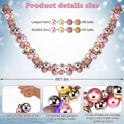 2 Pcs Christmas Balls Garland 6 ft Hanging Ornaments Xmas Balls Decorations with 2 Pcs 10 Feet LED Lights for Home Indoor Outdoor Tree Mantel Wedding Decoration(Pink, Rose Gold, Pink, Rose Gold)