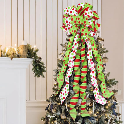 Large 45"x13" Christmas Tree Topper Bow, Green Tree Topper Christmas Decoration, Red & Green Polka Dot Polyester Ribbon Bow for Christmas, Xmas Ornament Holiday Home Indoor/Outdoor