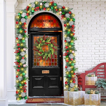 Beinhome Christmas Garland with Lights, 9 FT Pre-Lit Christmas Garland with Red Green Glitter Matte Ball Decorations for Home Front Door Stairs Table Centerpiece Fireplace Xmas Holiday Festival Decor