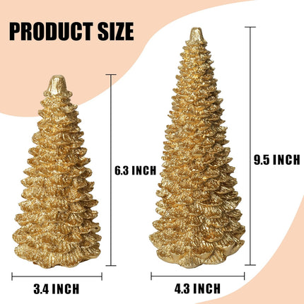NEROSUN Gold Christmas Tree Figurine, Set of 2 Resin Christmas Tree Table Decorations, Christmas Mini Tree Ornaments Table Centerpiece for Indoor Cabinet Mantel Fireplace Holiday Xmas Decor
