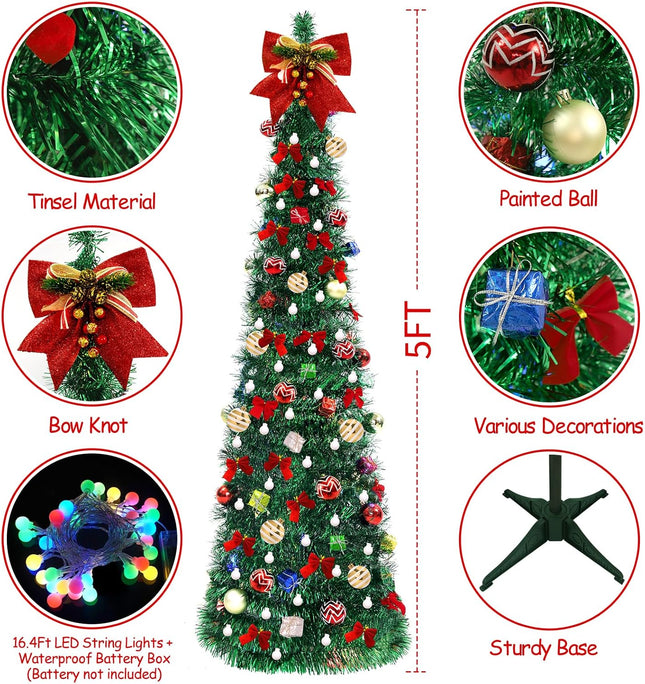 Pop Up Christmas Tree, 5FT Collapsible Christmas Tree with 30 LED Multicolor Lights, Tinsel Pencil Christmas Tree with Ball Bowknot Box for Indoor, Party, Xmas, Home,Office Decor