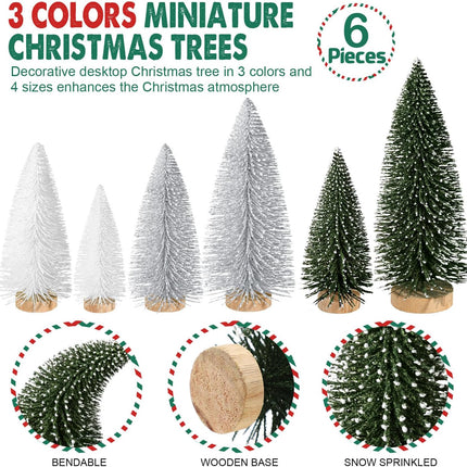 6pcs Mini Christmas Trees Christmas Decor, Artificial Christmas Mini Bottle Brush Trees Tabletop, Christmas Decoration Trees with 4 Size Xmas Holiday Decor (6pcs Green+Silver+White)