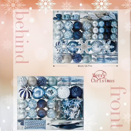 190PCS Christmas Tree Ornaments Set, Shatterproof Plastic Decorative Hanging Balls Ornaments for Holidays Tree, Silver and Blue(Multi-Sizes)
