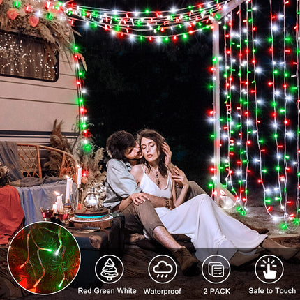 Red White Green Christmas String Lights Battery Operated, 2 Pack 100 LED String Lights 33Ft Clear Wire with Timer 8 Modes Outdoor Indoor Novelty Lights for Home Xmas Tree Garland Holiday Decoration