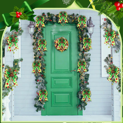 Waydress 4 Pcs Red Green Christmas Bows Decoration 8.66 Inch Large Glitter Dot Christmas Bows with Pine Cones Red Green Ribbons Elf Ornaments for Wreaths Garland Christmas Tree Party(Red Green)