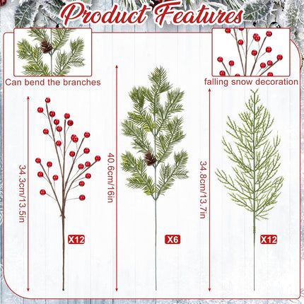 Tigeen 30 Pcs Christmas Artificial Pine Branches with Berry Stems 16 Inch Christmas Greenery Stems with Pine Cone Faux Cedar Pine Needles Picks for Xmas Tree Vase Wreath Garland DIY(Red)