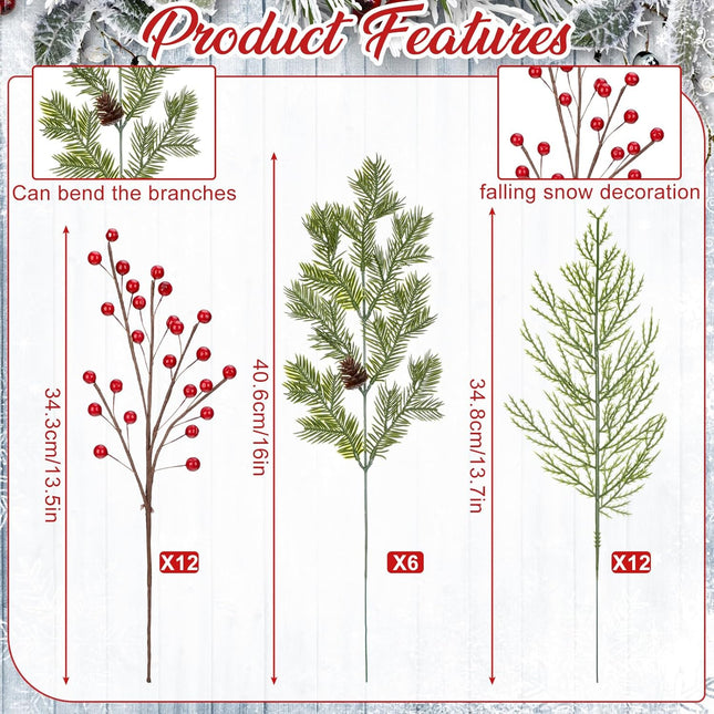 Tigeen 30 Pcs Christmas Artificial Pine Branches with Berry Stems 16 Inch Christmas Greenery Stems with Pine Cone Faux Cedar Pine Needles Picks for Xmas Tree Vase Wreath Garland DIY(Red)