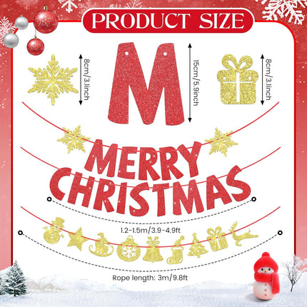 Set of 3 Pre-Strung Merry Christmas Banner Merry Christmas Garland Glitter Xmas Sign Inside Hanging Decor Outdoor Indoor Decoration for Home Holiday Party Supplies Porch(Red, Gold)