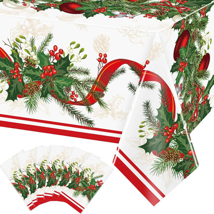 6 Pcs Christmas Plastic Disposable Tablecloth 108 x 54 Inch Holly Berry Ribbon Garland Table Cover Rectangle Christmas Party Table Cloth for Christmas Party Dining Table Supplies