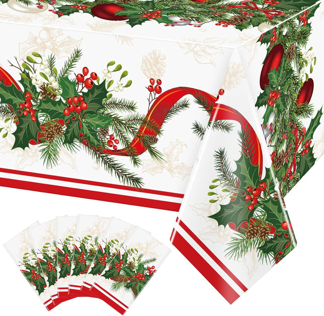 6 Pcs Christmas Plastic Disposable Tablecloth 108 x 54 Inch Holly Berry Ribbon Garland Table Cover Rectangle Christmas Party Table Cloth for Christmas Party Dining Table Supplies